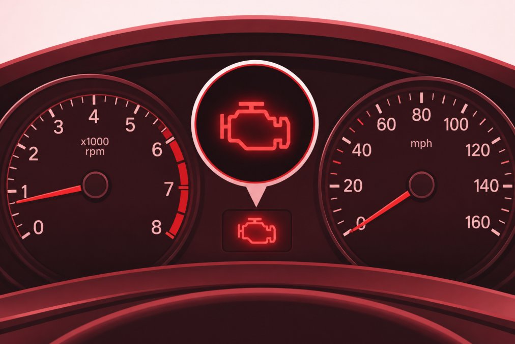 Close-up of vehicle dashboard instrument cluster with illuminated check engine warning light glowing amber against dark background