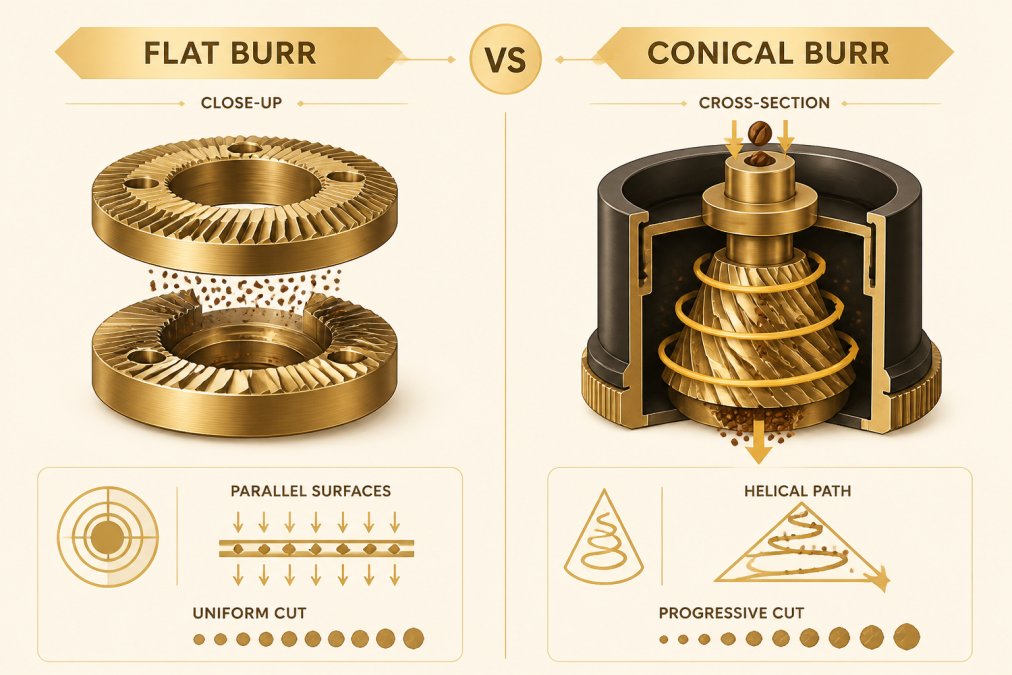 Close-up view of flat burr mechanism showing parallel circular grinding surfaces with uniform cutting action, contrasted with conical burr's cone-shaped internal chamber and helical grinding path in professional grinder cross-section