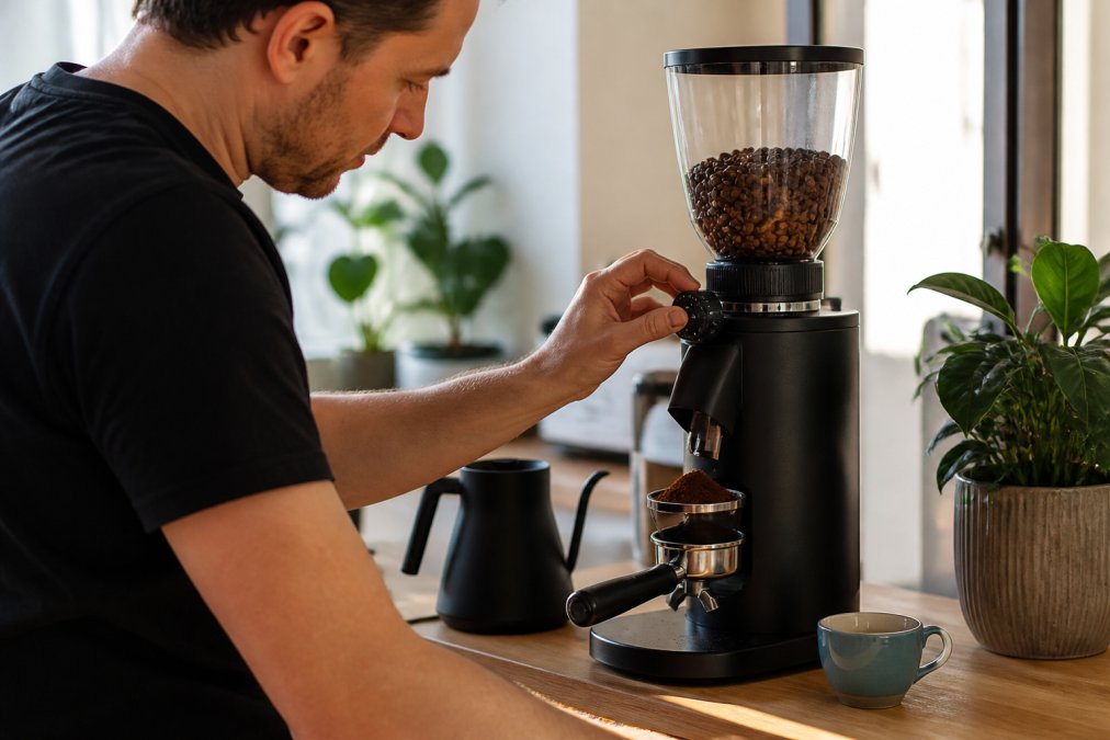 Home barista adjusting micrometric grind dial on premium flat burr grinder, with freshly ground espresso visible in portafilter and espresso cup on wooden countertop in natural morning light