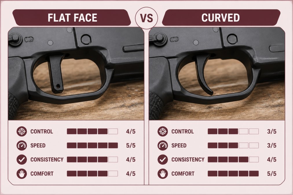 Close-up photograph of two AR-15 lower receivers side by side on a workbench, one with a flat-faced trigger and one with a curved trigger, soft shadow and wood grain background