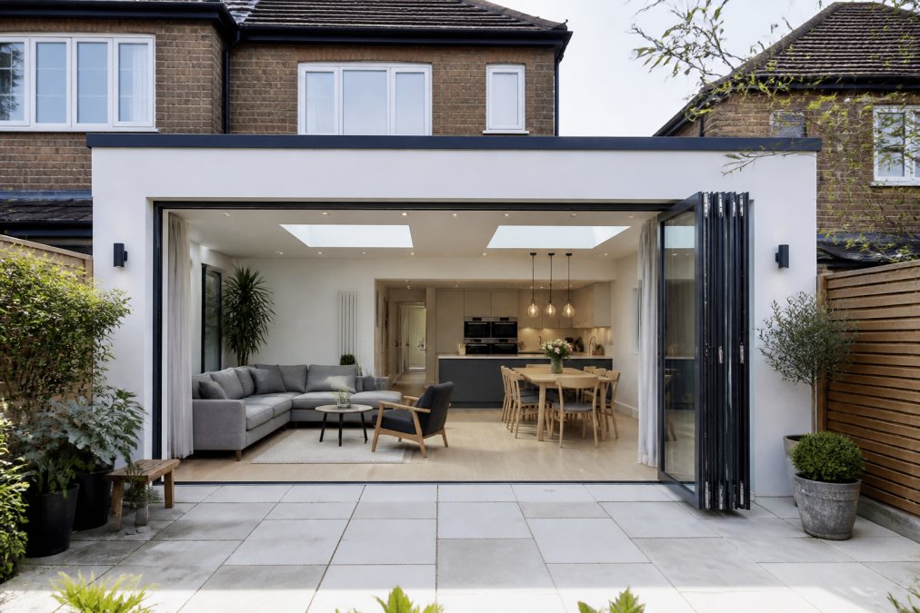 A modern rear extension with a flat roof and large skylights, showing a bright open-plan living space inside with bi-fold doors open to a garden