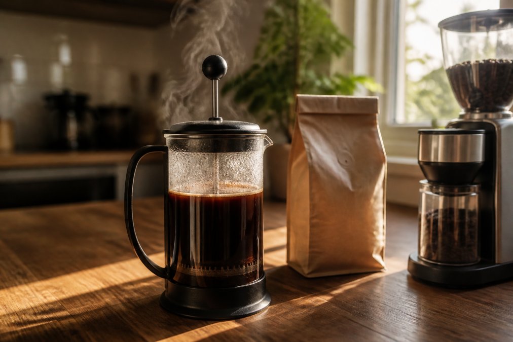 A close-up of a glass French press filled with freshly brewed coffee, steam rising, set on a wooden kitchen counter with a bag of whole beans and a burr grinder nearby, morning light streaming through a window