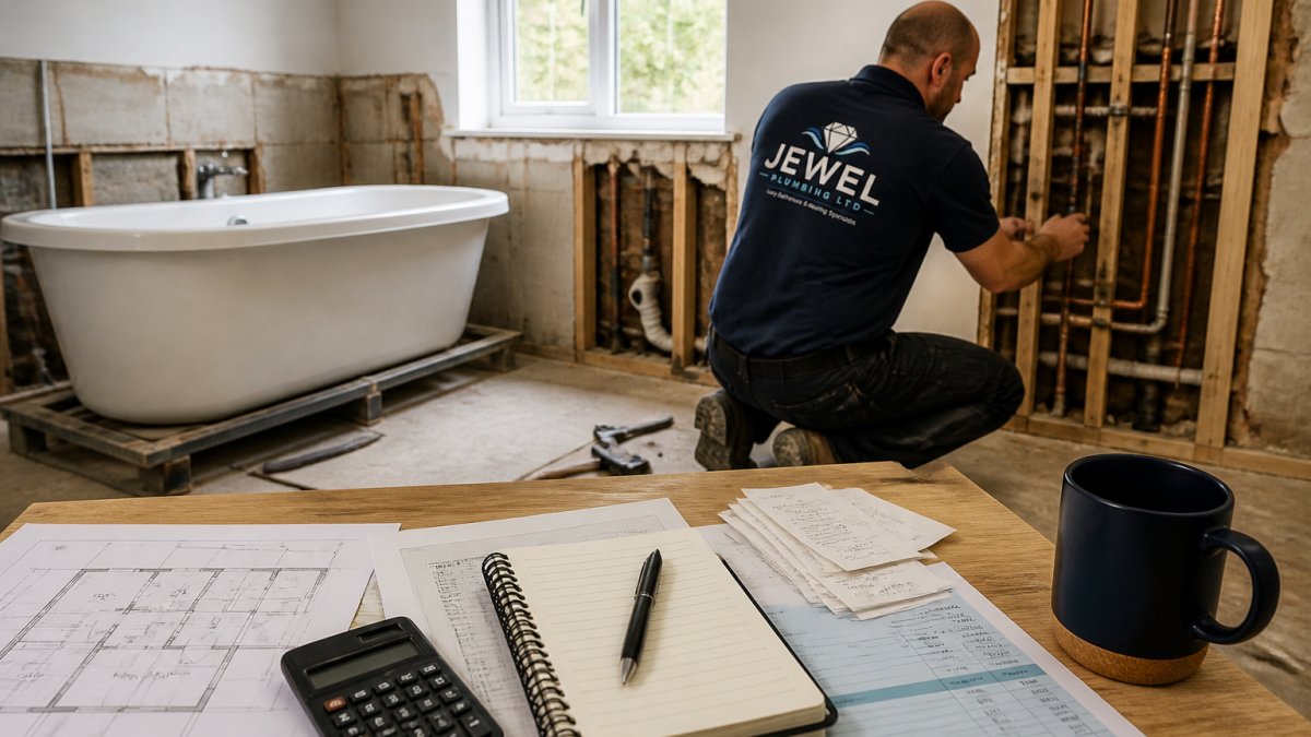 A bathroom mid-renovation with exposed pipework, a new bath positioned but not yet sealed, and a plumber in workwear checking fittings in a bright home