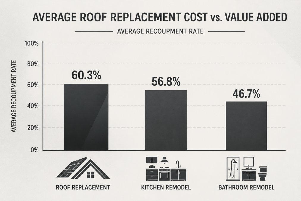 Bar chart comparing recoupment rates for roof replacement versus kitchen and bathroom remodels to see if a full roof