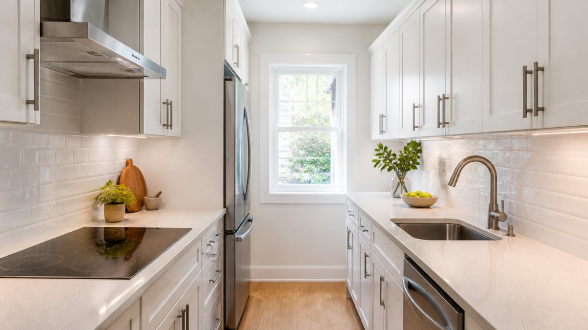 A bright narrow galley kitchen with parallel white cabinets, a stainless steel induction cooktop on one counter, a small sink, and a window at the far end letting in natural light, photographed straight down the aisle