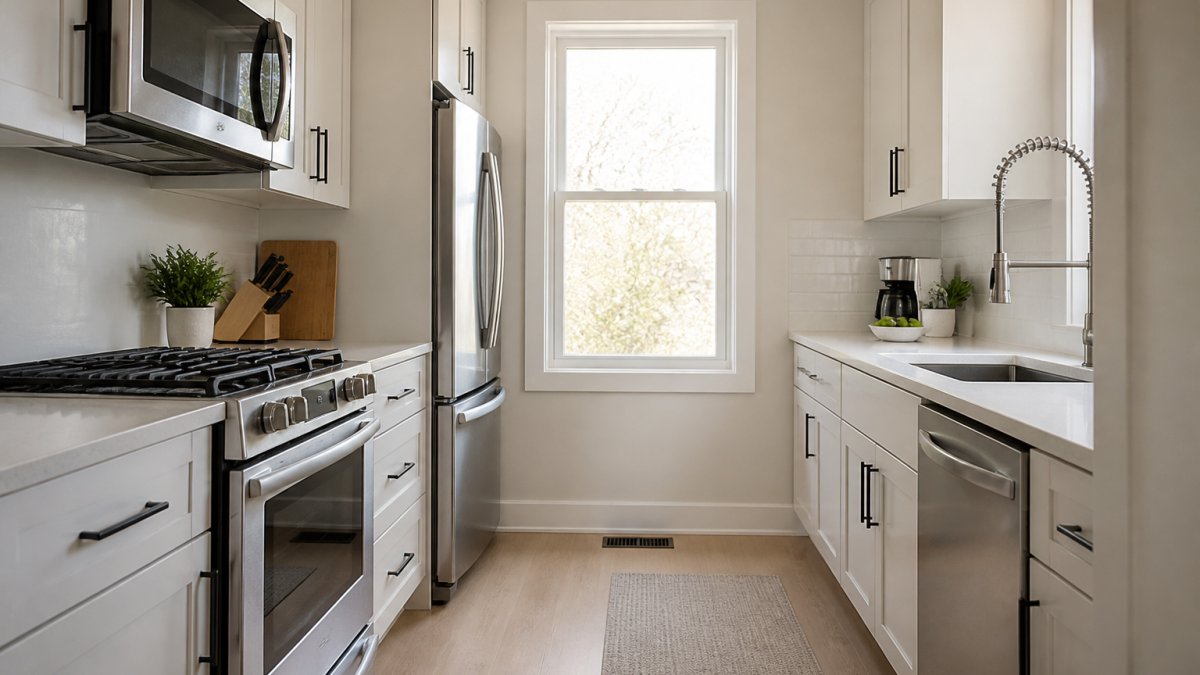 Bright, modern galley kitchen with stainless steel appliances on opposite walls, white cabinetry, and natural light from a window at the end showing the work triangle layout