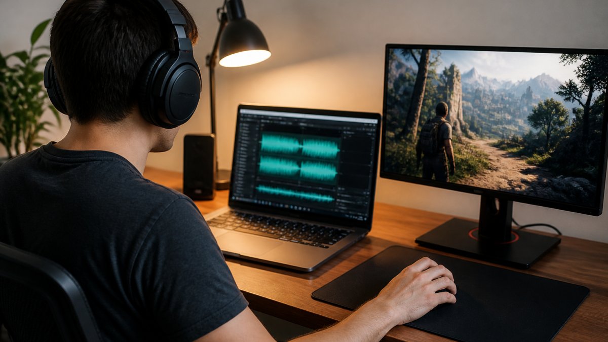 A person at a desk wearing black over-ear headphones, one hand on a gaming mouse, a laptop showing an audio waveform editor and a paused game on a second monitor, warm desk lamp lighting