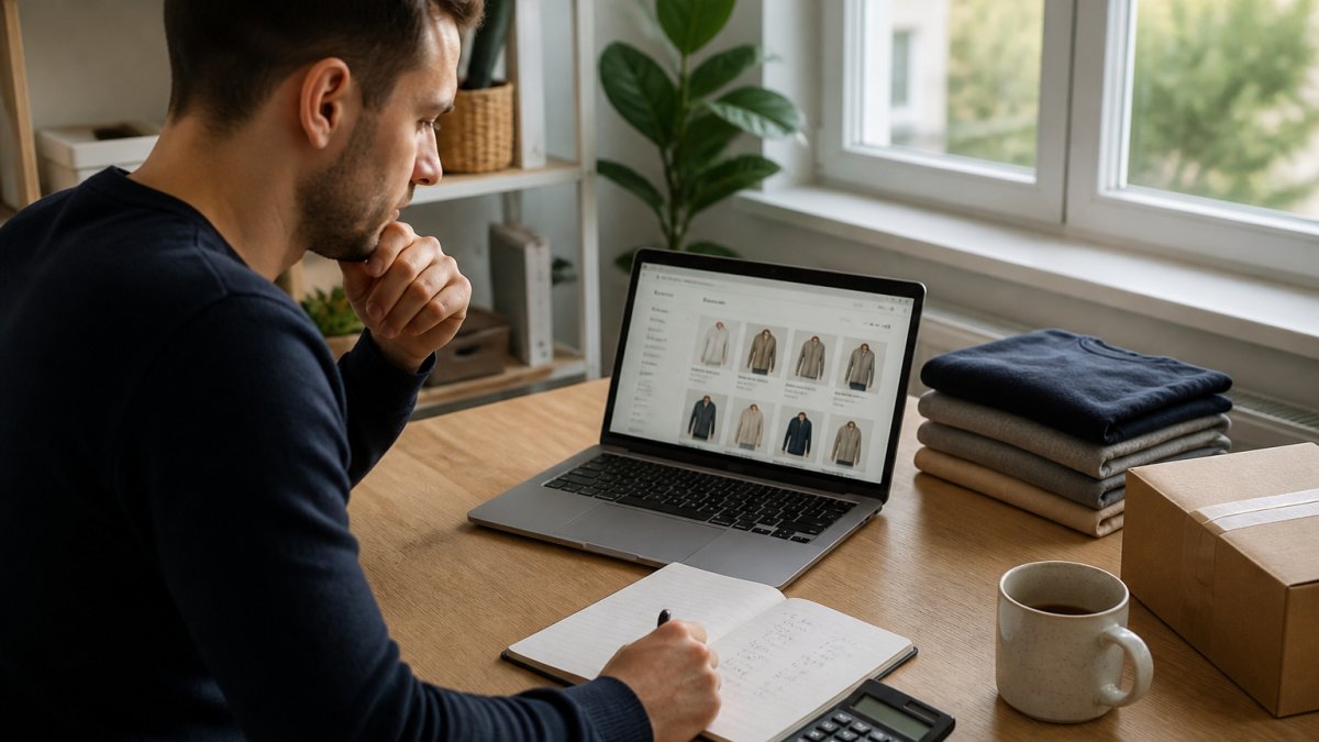 An e-commerce founder at a desk with a laptop showing an online shop dashboard, a calculator, and a notebook with handwritten figures, in a bright home office