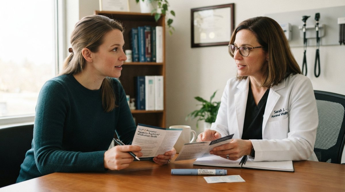 Healthcare professional reviewing medication information with a patient in a modern clinical setting, both examining documents together