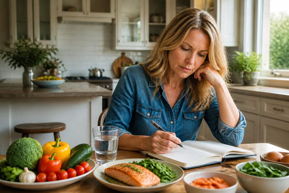 A woman in her 40s reviewing a meal planning notebook at a kitchen table with fresh vegetables, lean proteins, and a glass of water nearby, natural morning light