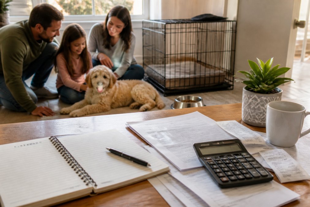 A happy family in a bright living room playing with a fluffy Goldendoodle puppy next to a wire crate and a bowl of food, warm natural window light
