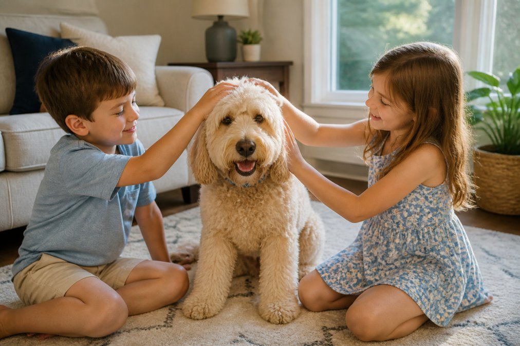 A cream-colored Goldendoodle sitting calmly beside two young children on a living room rug, soft afternoon light through a window, the children gently petting the dog's head