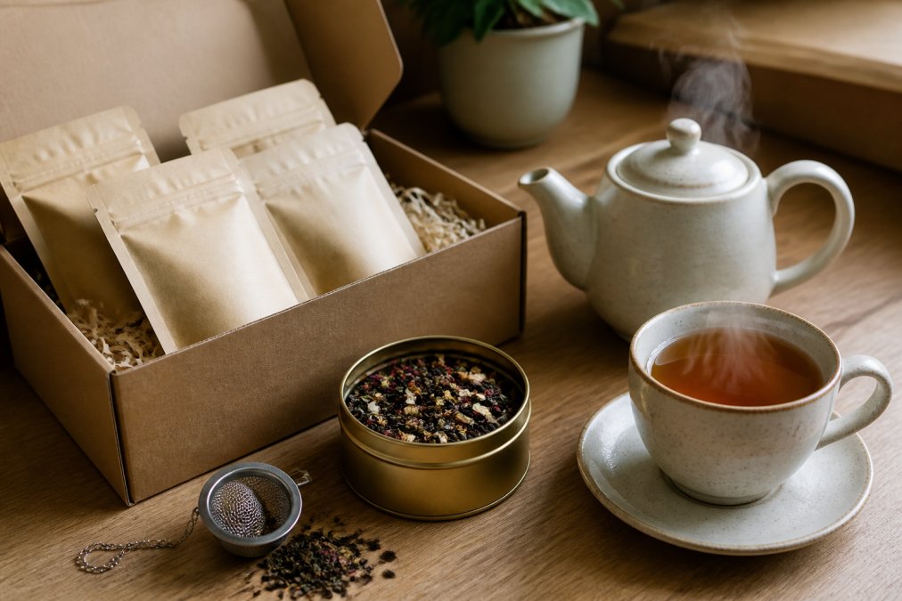 A flat lay of a premium tea subscription box on a wooden kitchen counter, showing a tin of loose leaf tea, a ceramic teapot, and a steaming cup of tea in soft morning light