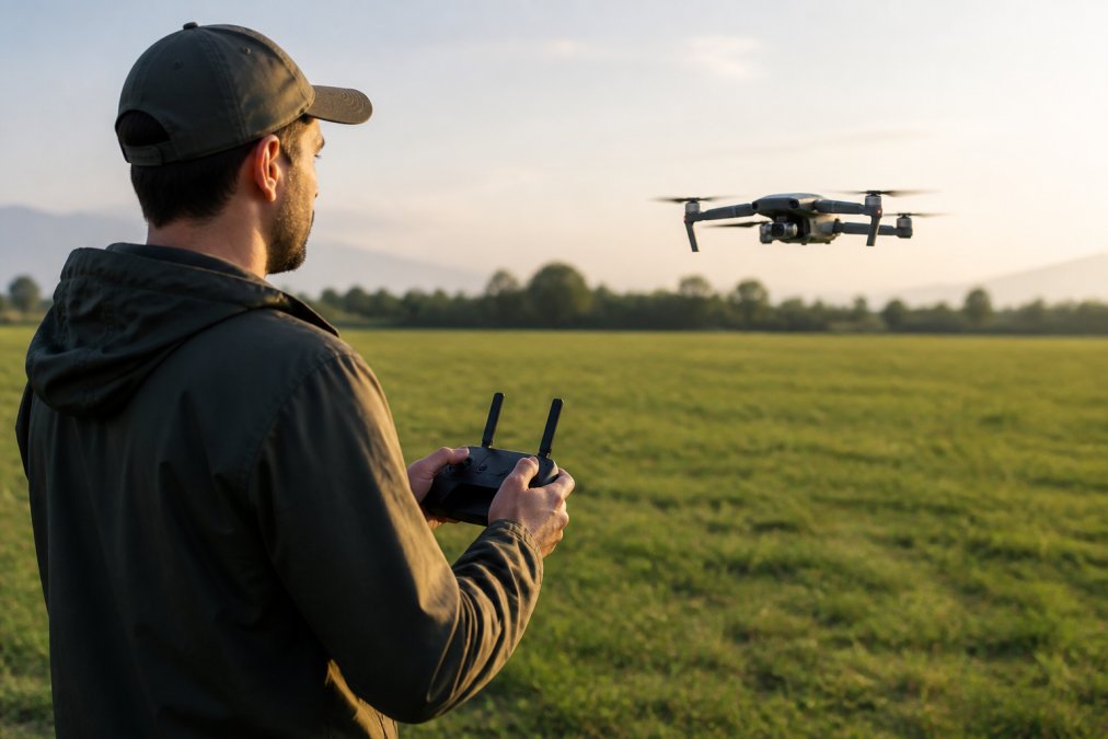 A beginner drone pilot holding a controller in an open grassy field at golden hour, a small GPS drone hovering steadily a few feet above the ground, phone showing a flight app in hand