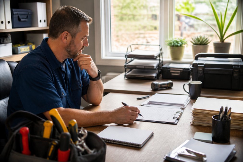 Professional handyman business owner at desk reviewing scheduling software and dispatch system on computer with organized office setup in background, natural office lighting from window