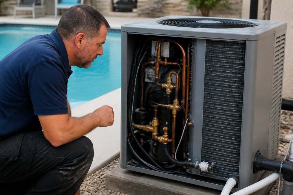Professional technician inspecting a poolside heat pump unit showing the outdoor compressor, copper piping, and condenser coil with pool water visible in background