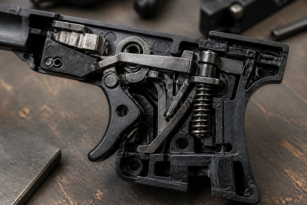 Close-up of a Glock trigger assembly showing the trigger bar, sear engagement, firing pin block mechanism, and internal springs in detail on a workbench