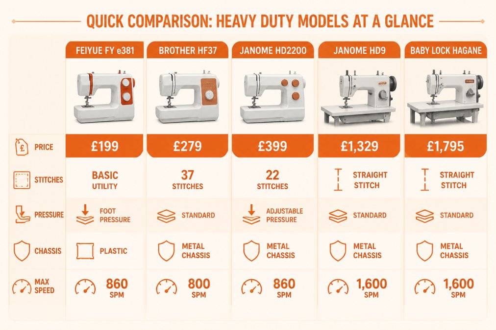 Comparison matrix showing FEIYUE FY e381 (£199, basic utility, foot pressure), Brother HF37 (£279, 37 stitches, metal chassis), Janome HD2200 (£399, 22 stitches, adjustable pressure), Janome HD9 (£1,329, straight stitch, 1,600 SPM), Baby Lock Hagane (£1,795, straight stitch, high-torque motor)