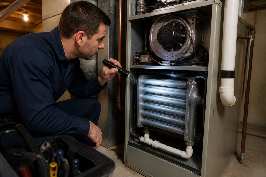 A licensed HVAC technician in uniform kneeling beside an open high-efficiency condensing furnace in a residential basement, inspecting the secondary heat exchanger with a flashlight and diagnostic tools nearby