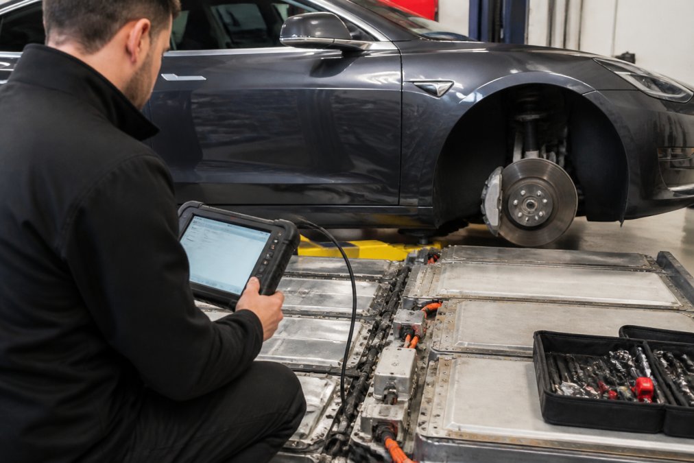 Professional technician using diagnostic equipment on a Tesla battery pack in a modern workshop, with specialist scan tools connected to the vehicle's OBD port and battery management system display visible on screen