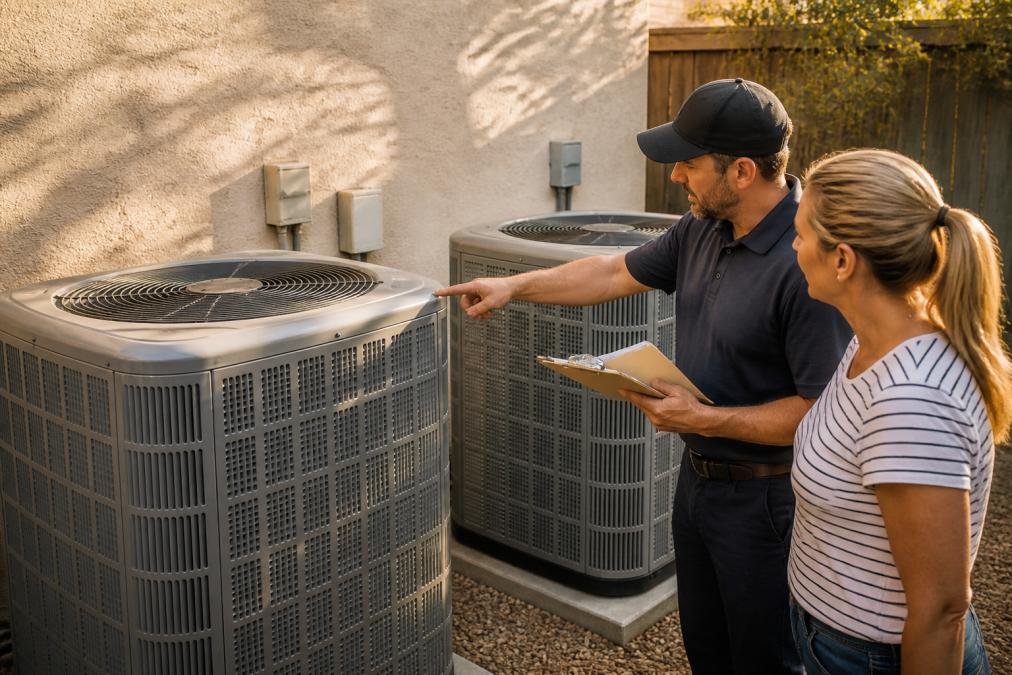 HVAC technician and homeowner comparing condenser units with a high SEER2 rating in a residential backyard