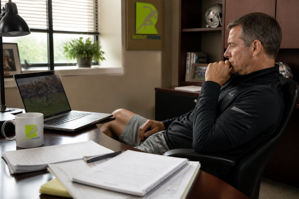 College coach reviewing game film on a laptop, leaning back in an office chair with notes scattered on the desk and a coffee cup nearby, focused intently on the screen in natural office lighting