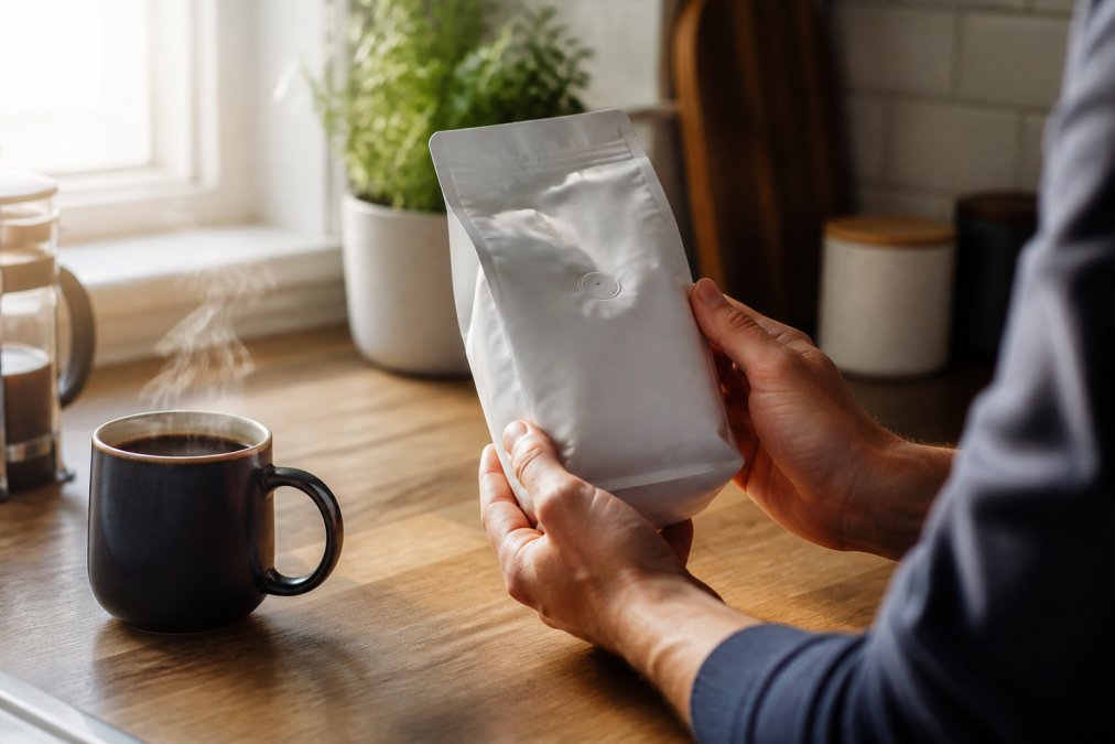 Hands holding a fresh coffee subscription bag with a roast date stamp next to a steaming mug on a wooden counter
