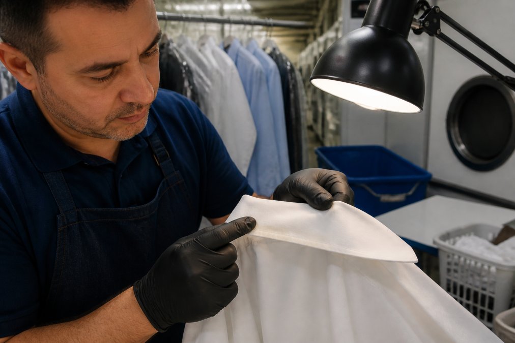 A professional in a bright Miami laundry facility inspecting a white dress shirt collar under focused task lighting, pointing to a faint yellow stain along the fabric edge