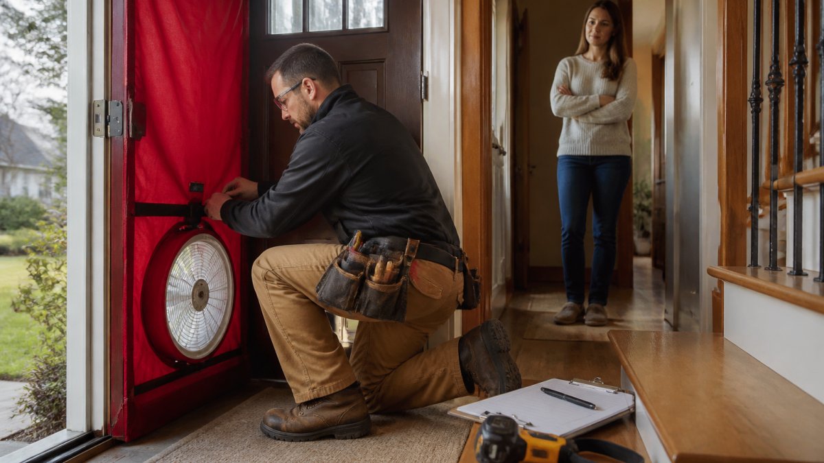 Certified energy assessor setting up a blower door for a home energy audit while the homeowner watches