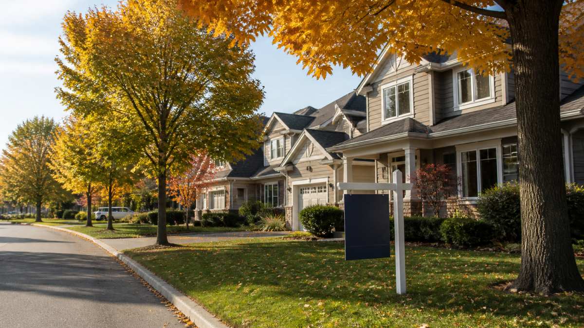 Quiet suburban street in Orléans with a home for sale under autumn light