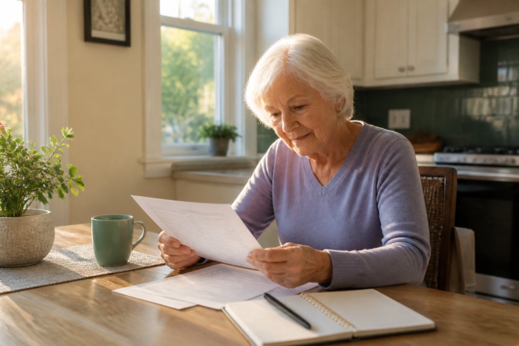 Senior reviewing a seasonal home maintenance plan checklist at a bright kitchen table with a calendar and coffee