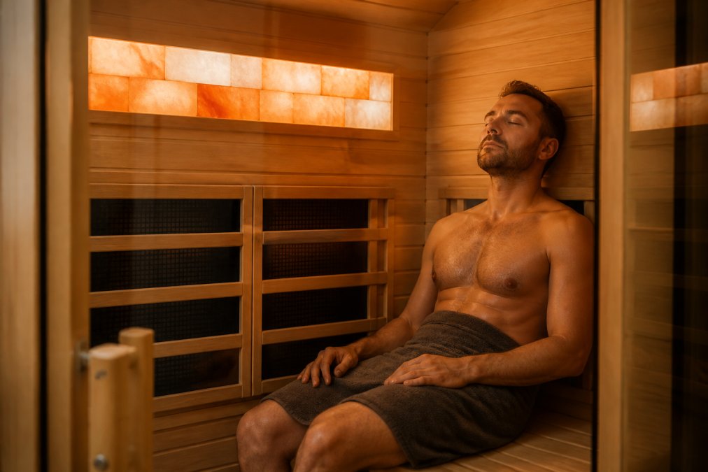 A relaxed adult sitting inside a modern infrared sauna with eyes closed, warm ambient lighting, visible Himalayan salt panels and light wood interior, conveying calm and recovery