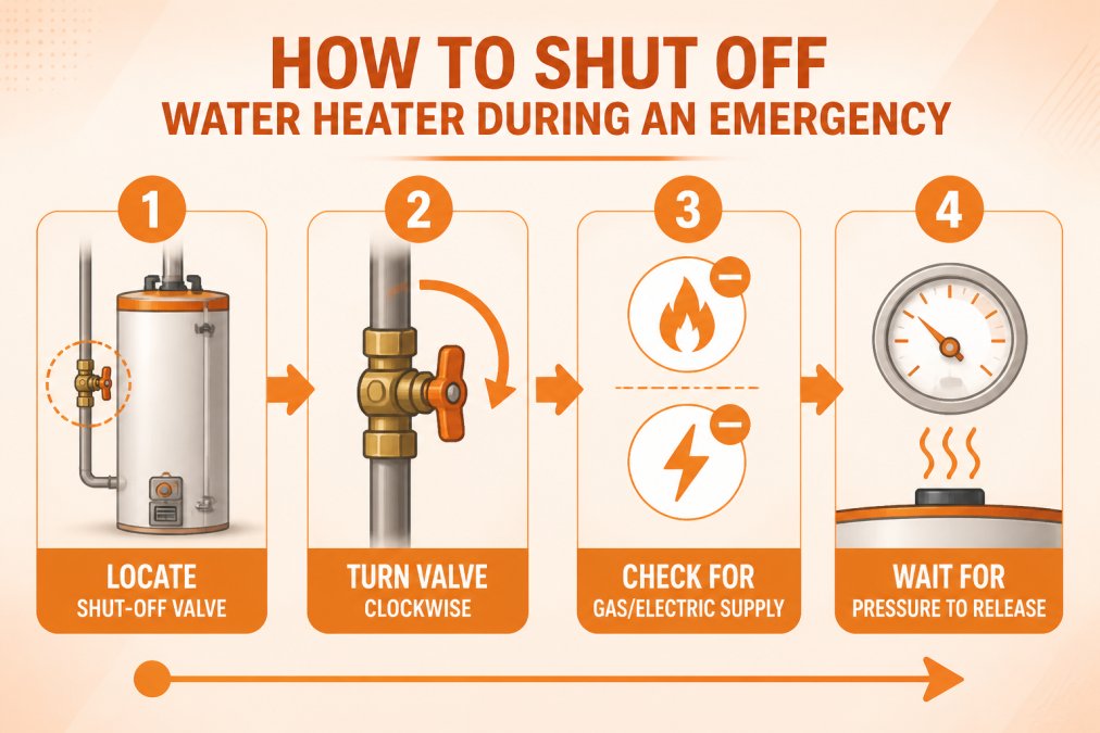 Flowchart showing water heater emergency shutdown steps: locate shut-off valve → turn valve clockwise → check for gas/electric supply → wait for pressure to release