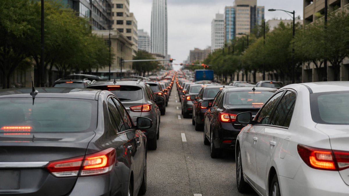 Busy urban street during morning rush hour with multiple sedans in stop-and-go traffic, brake lights illuminated, showing heavy congestion under overcast sky