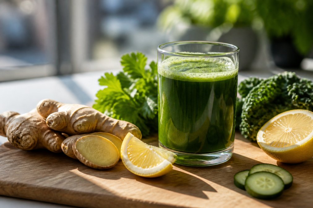 Close-up of fresh green juice in a clear glass with visible leafy greens, ginger root slices, and lemon wedges arranged on a wooden cutting board with morning sunlight streaming across