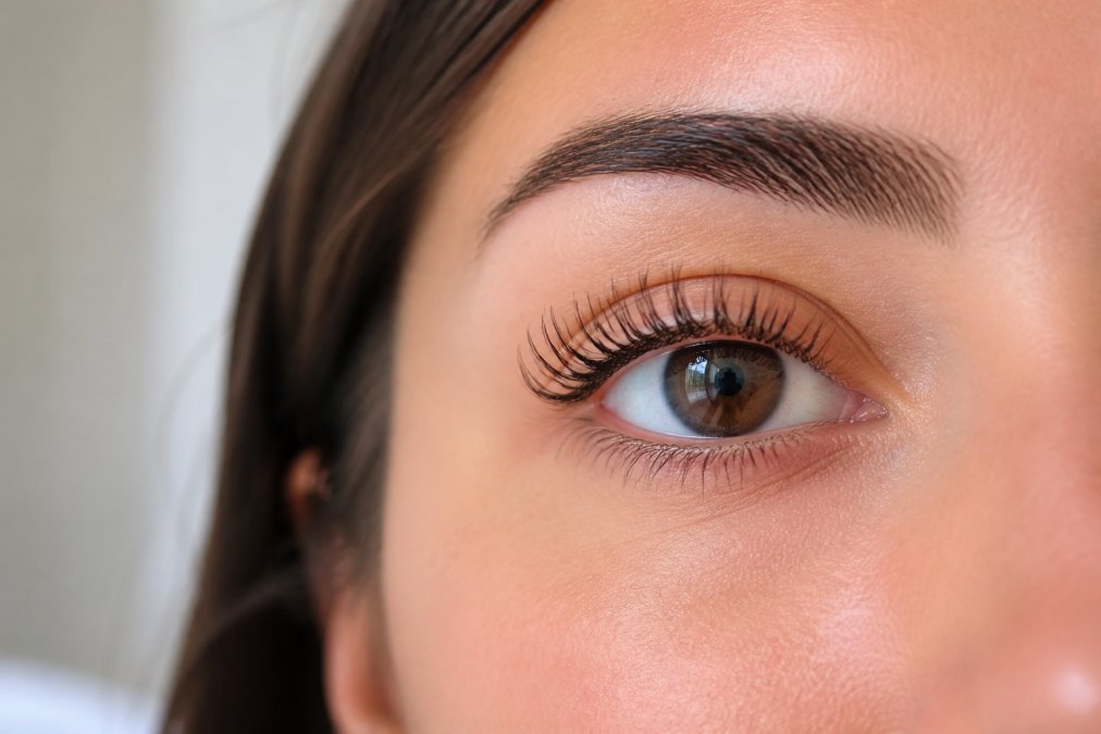 Close-up of a woman's eye showing lifted, curled lashes with natural shine and definition, demonstrating the aesthetic results of a keratin lash lift in soft natural lighting