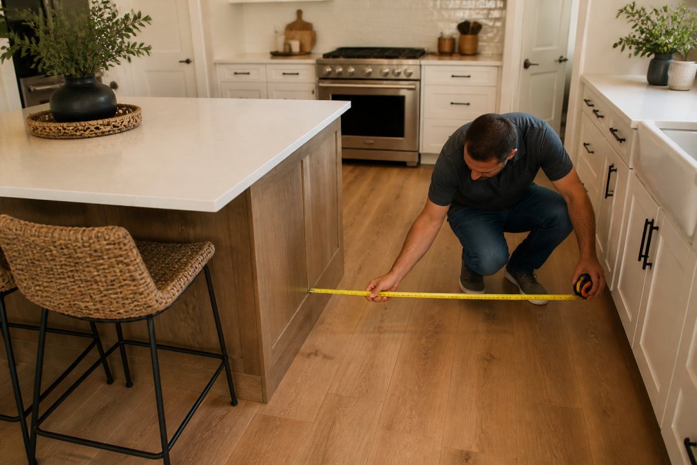 A homeowner using a tape measure to check the distance between a kitchen island and surrounding cabinets in a bright, modern DFW kitchen