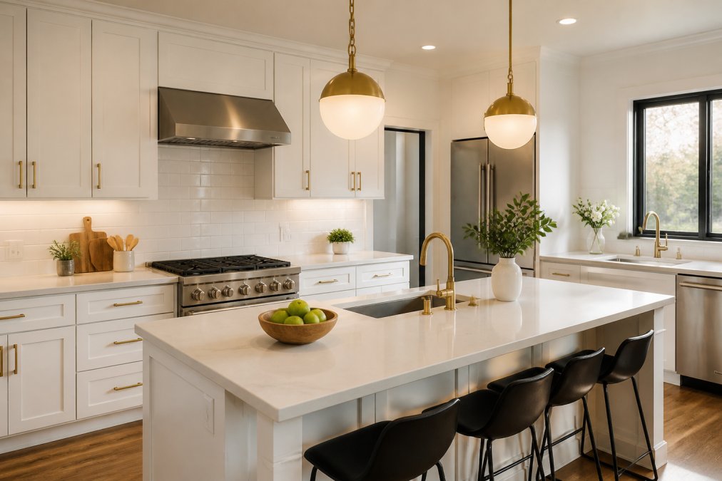 Bright kitchen with white quartz countertops and stainless steel appliances that shows if is a kitchen remodel worth the roi
