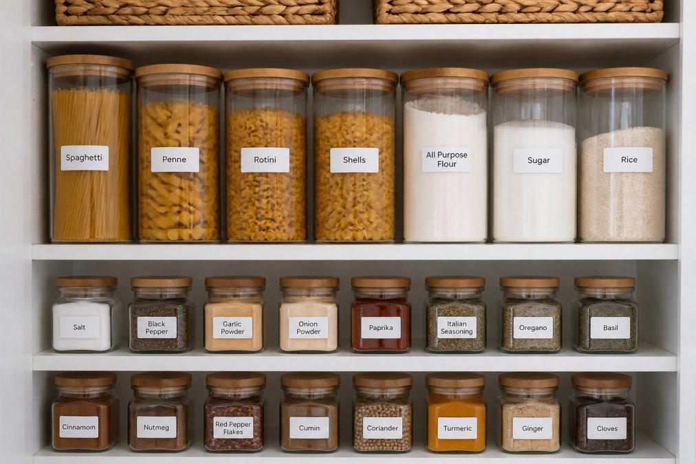 Organized pantry shelf with clear glass containers labeled with consistent font, showing pasta, flour, sugar, and spices neatly arranged in rows with white adhesive labels