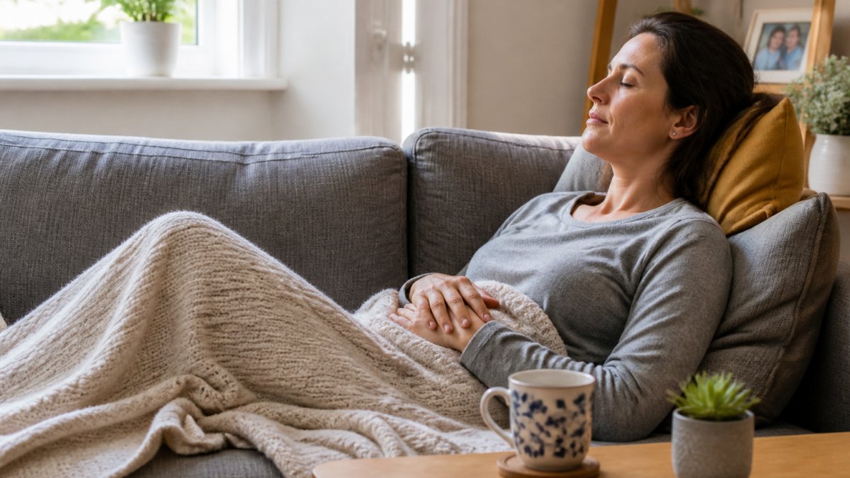 A woman resting comfortably on a sofa at home with a light blanket and a cup of tea nearby, looking calm and recovering