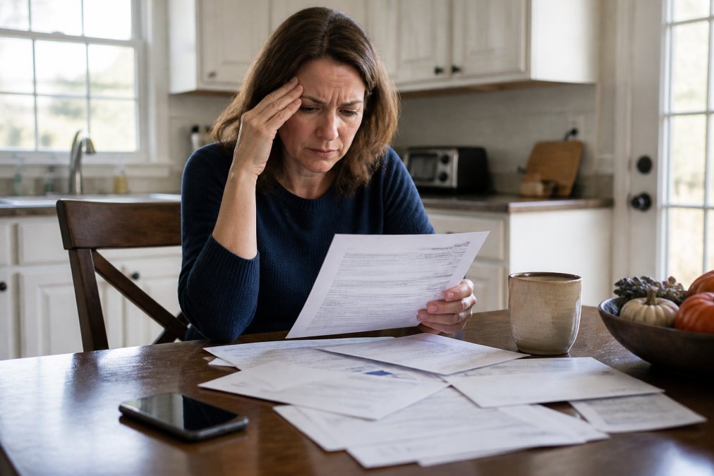A person sitting at a kitchen table reviewing medical paperwork and insurance letters, looking concerned, with a phone nearby