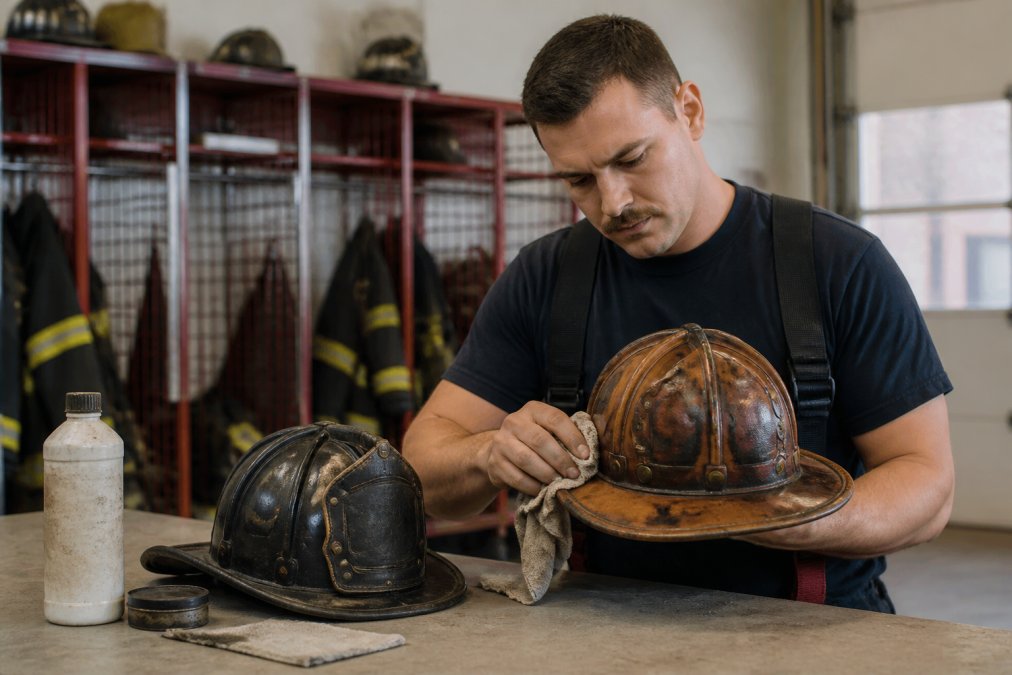 Firefighter wiping down a worn leather fire helmet with a cloth in a station bay with maintenance supplies nearby.