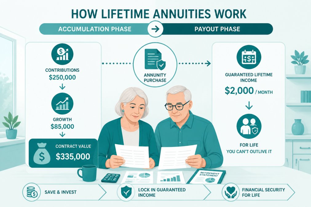 Mature couple sitting at a kitchen table reviewing financial documents and retirement statements together, natural afternoon light streaming through windows