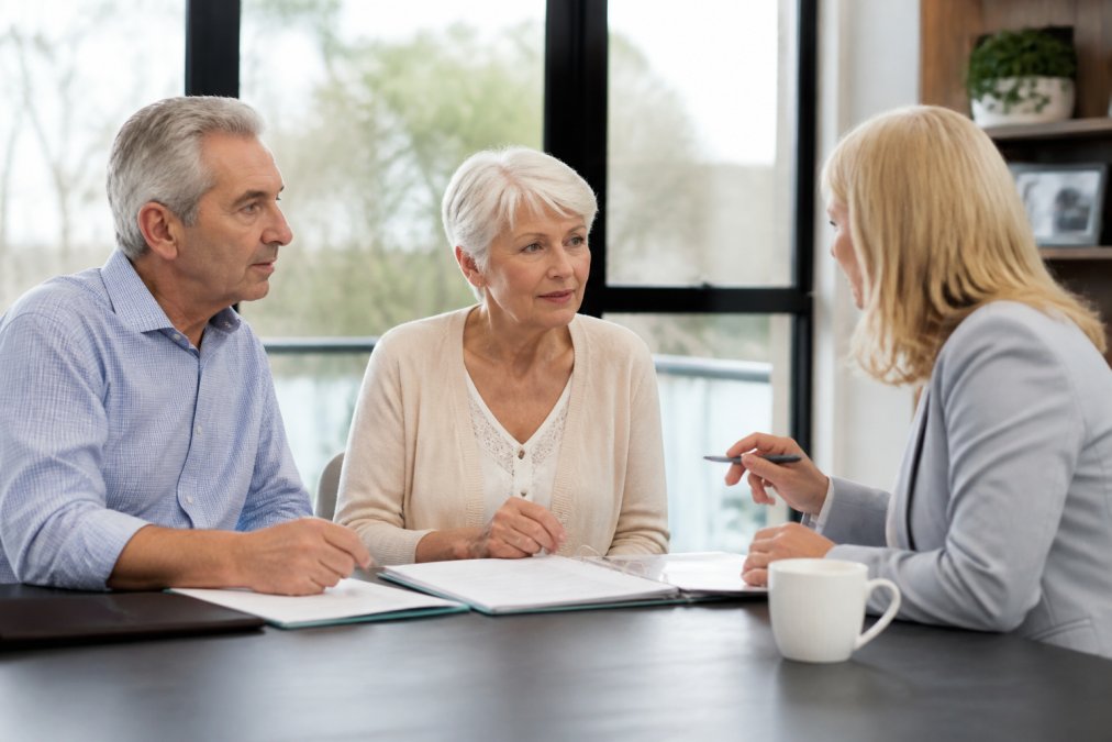 Professional financial advisor meeting with a retired couple in a modern office, discussing retirement plans with documents and a laptop on the desk
