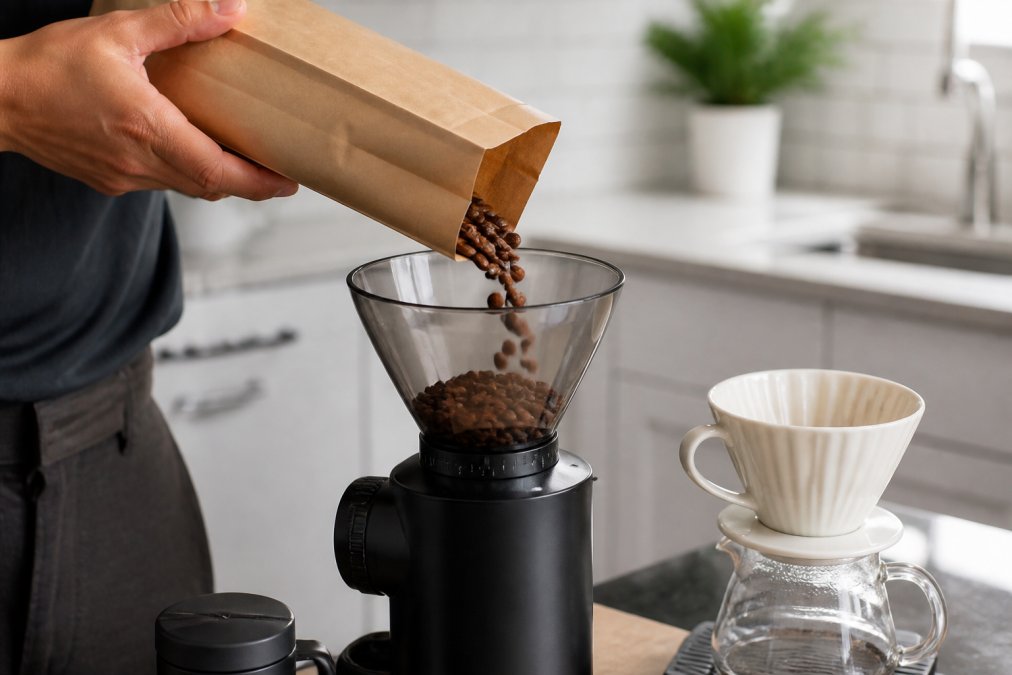 A hand pouring freshly roasted whole beans from a branded paper bag into a burr grinder in a bright home kitchen, with a ceramic pour-over brewer nearby