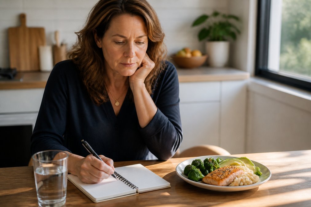 A woman in her 40s sitting at a sunlit kitchen table with a notebook, a plate of colorful whole foods, and a glass of water, looking thoughtfully at a meal plan