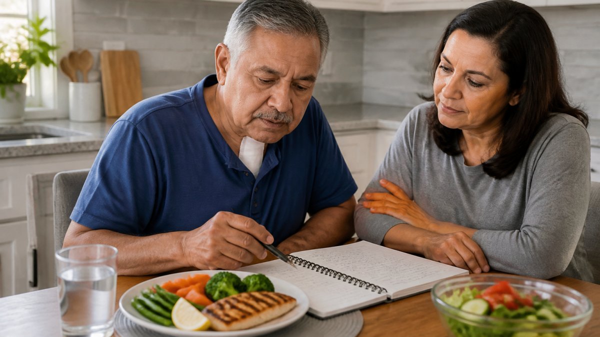 Infographic visualizing a daily low sodium meal plan featuring fresh fish and vegetables for heart health recovery