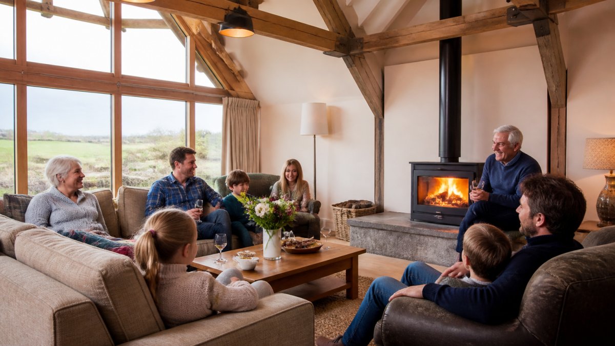 Multi-generational family relaxing together in a bright, spacious countryside barn interior with comfortable seating, warm lighting from a log burner, and countryside views visible through large windows