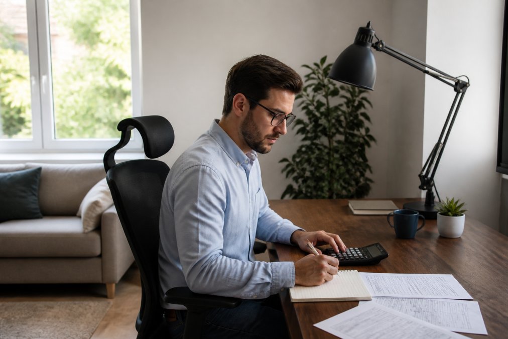 A professional working at a well-organized home office desk with an ergonomic chair, adjustable wall lamp, and small decorative accents, natural daylight streaming through a window