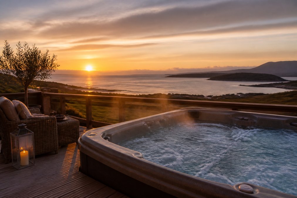 Private hot tub on wooden decking overlooking Scottish coastal landscape at dusk, steam rising from water, comfortable seating nearby with soft lighting